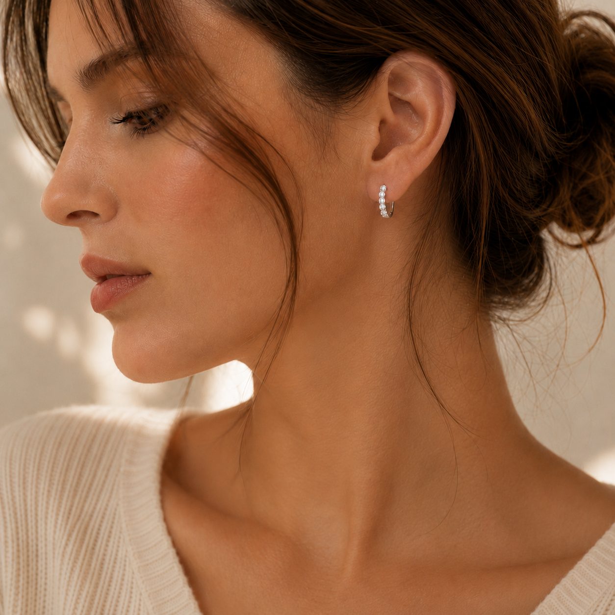 Silver Tone Brass Five Stone Bezel Cubic Zirconia Huggie Hoop Earrings – J-47