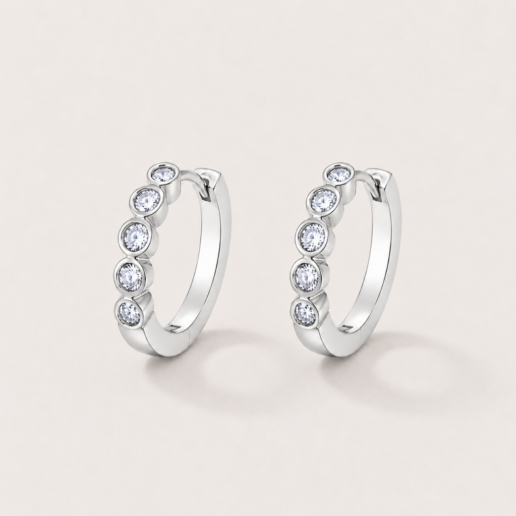Silver Tone Brass Five Stone Bezel Cubic Zirconia Huggie Hoop Earrings – J-47