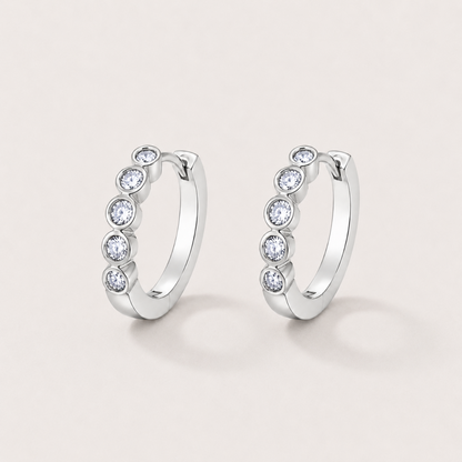 Silver Tone Brass Five Stone Bezel Cubic Zirconia Huggie Hoop Earrings – J-47