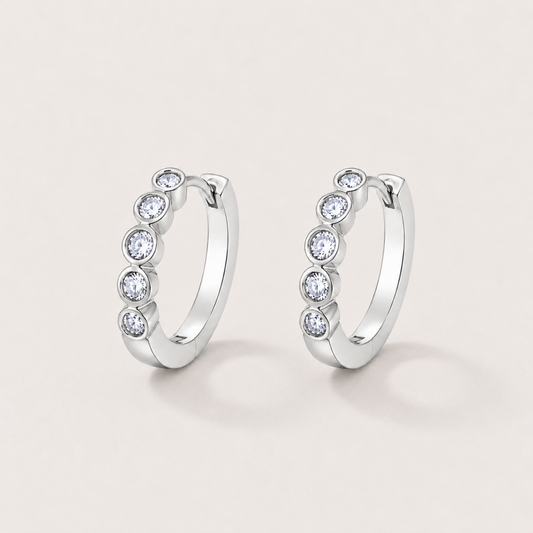 Silver Tone Brass Five Stone Bezel Cubic Zirconia Huggie Hoop Earrings – J-47