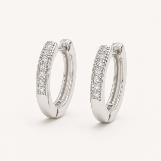 Silver Tone Brass Pavé Cubic Zirconia Oval Huggie Hoop Earrings – J-49