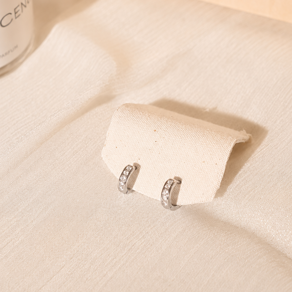 Silver Tone Brass Five Stone Channel Cubic Zirconia Huggie Hoop Earrings – J-50
