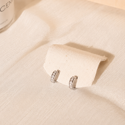 Silver Tone Brass Five Stone Channel Cubic Zirconia Huggie Hoop Earrings – J-50