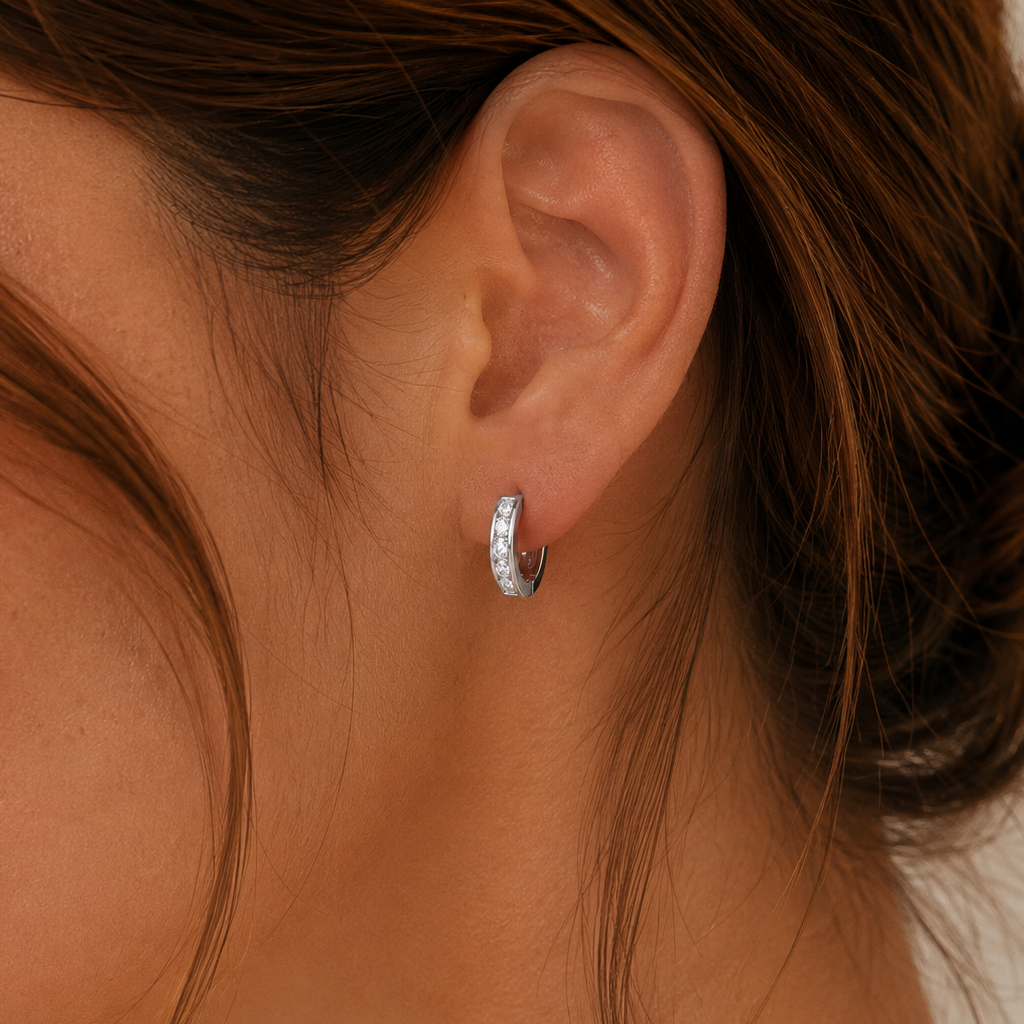 Silver Tone Brass Five Stone Channel Cubic Zirconia Huggie Hoop Earrings – J-50
