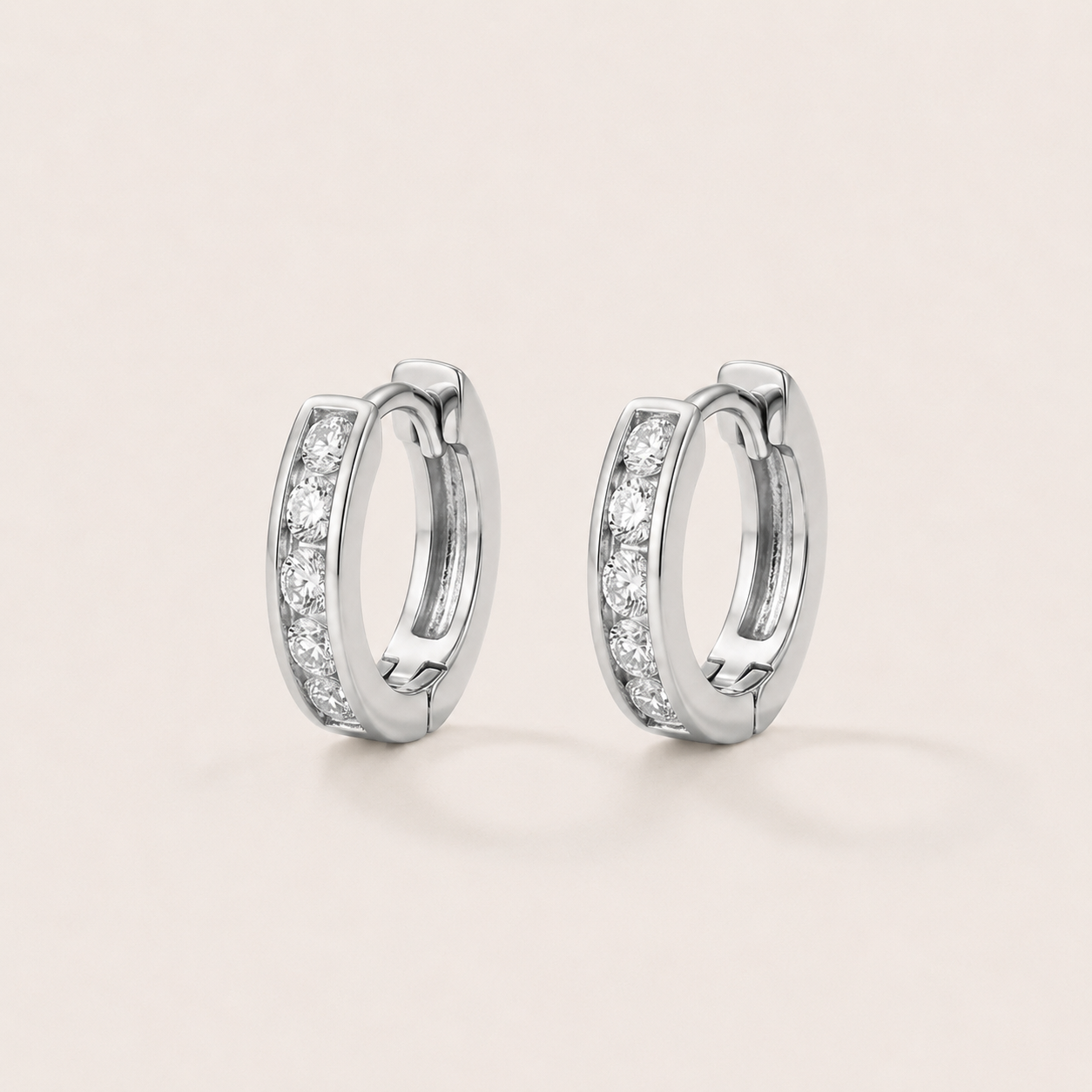 Silver Tone Brass Five Stone Channel Cubic Zirconia Huggie Hoop Earrings – J-50