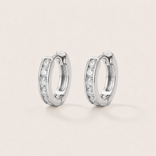 Silver Tone Brass Five Stone Channel Cubic Zirconia Huggie Hoop Earrings – J-50