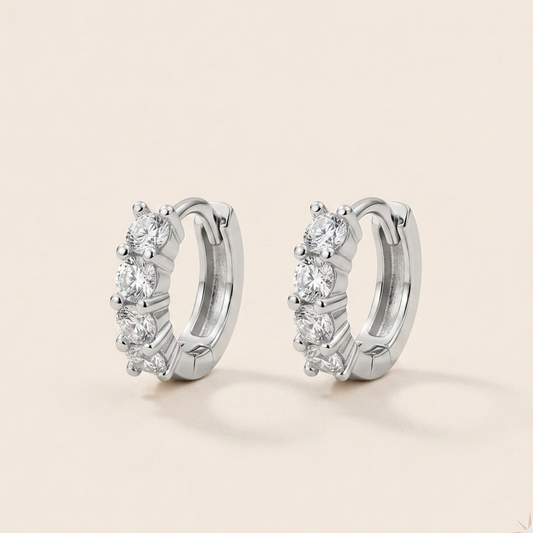 Silver Tone Brass Four Stone Cubic Zirconia Huggie Hoop Earrings – J-53