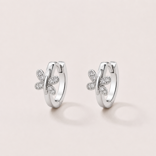 Silver Tone Brass Butterfly Cubic Zirconia Huggie Hoop Earrings – J-54