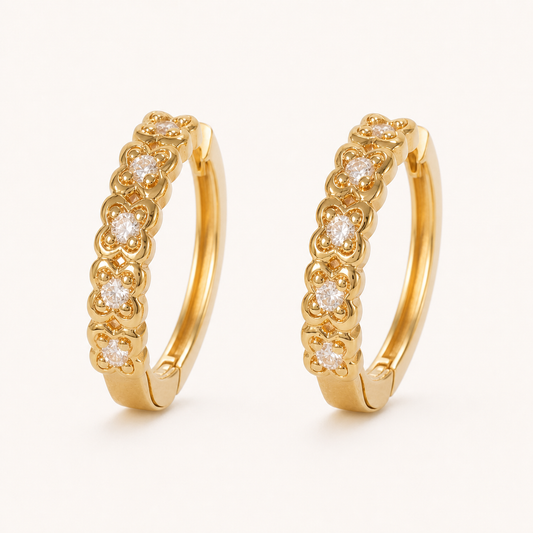 Gold Plated Brass Cubic Zirconia Floral Huggie Hoop Earrings – J-56
