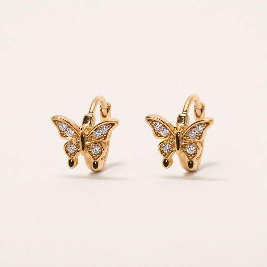 Gold Plated Brass Cubic Zirconia Butterfly Huggie Hoop Earrings – J-57