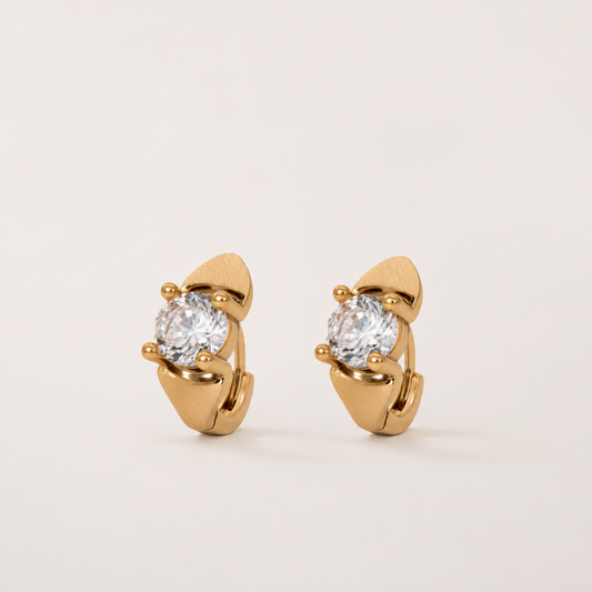 Gold Plated Brass Solitaire Cubic Zirconia Geometric Huggie Hoop Earrings – J-58