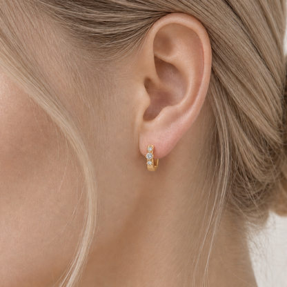 Gold Plated Brass Three Stone Crystal Huggie Hoop Earrings – J-69