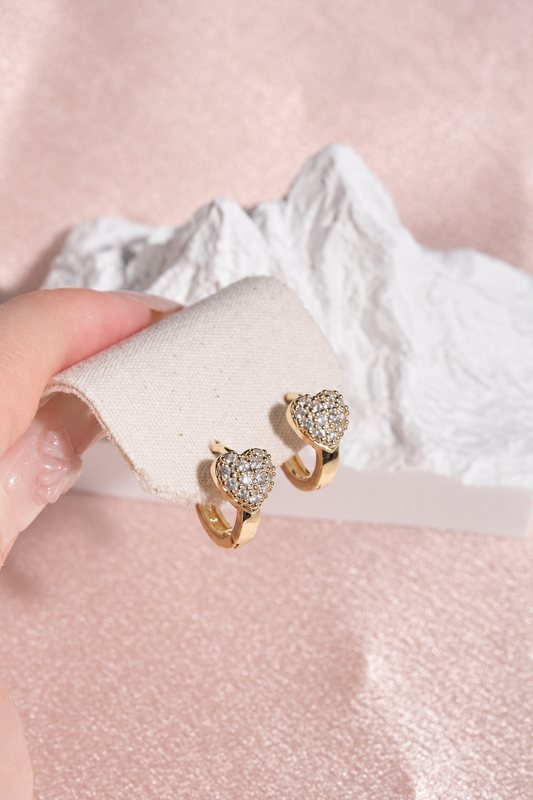 Pave Heart Huggie Hoop Earrings in stainless steel, view 1