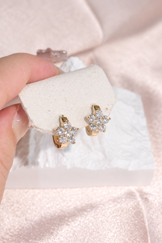 Clear Stone Flower Huggie Hoop Earrings in stainless steel, view 1