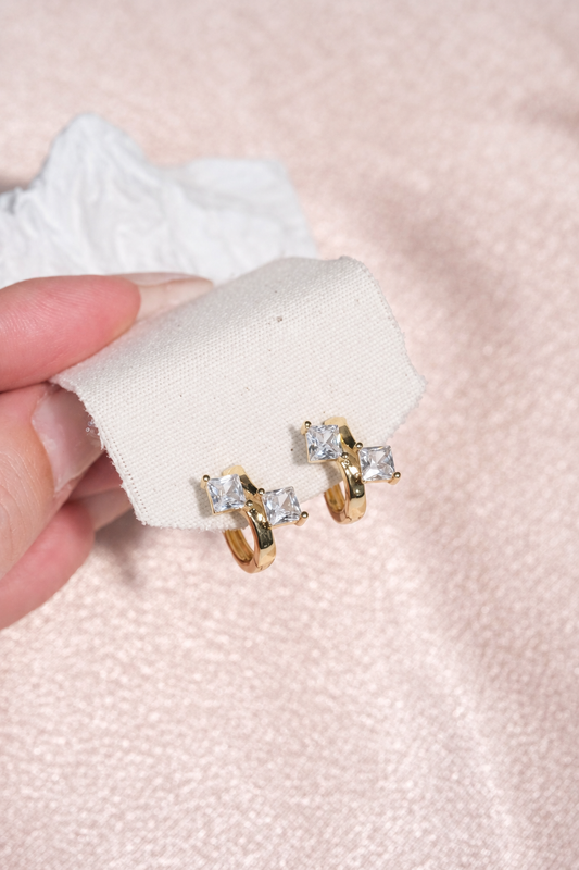 Two Stone Geometric Huggie Hoop Earrings in stainless steel, view 1