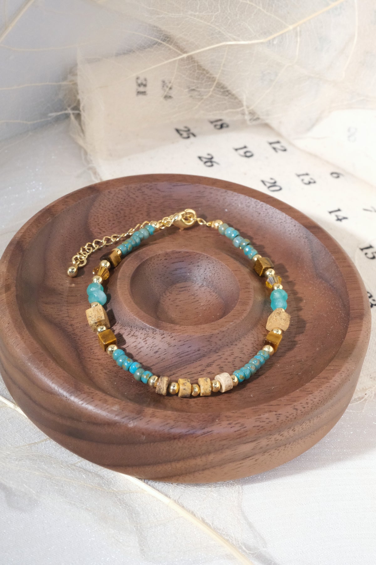 Turquoise Color Chip Gold Tone Bars Bracelet — real product photo