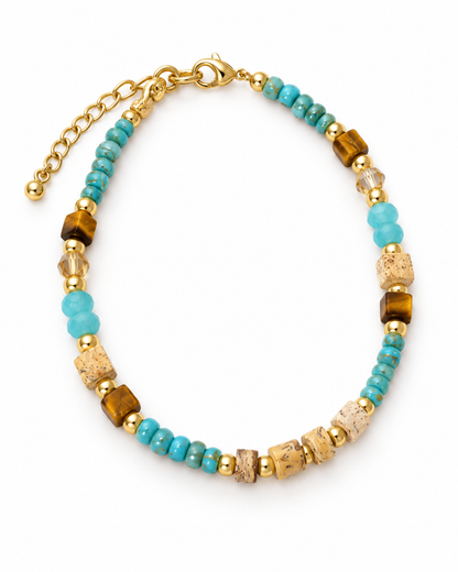 Turquoise Color Chip Gold Tone Bars Bracelet
