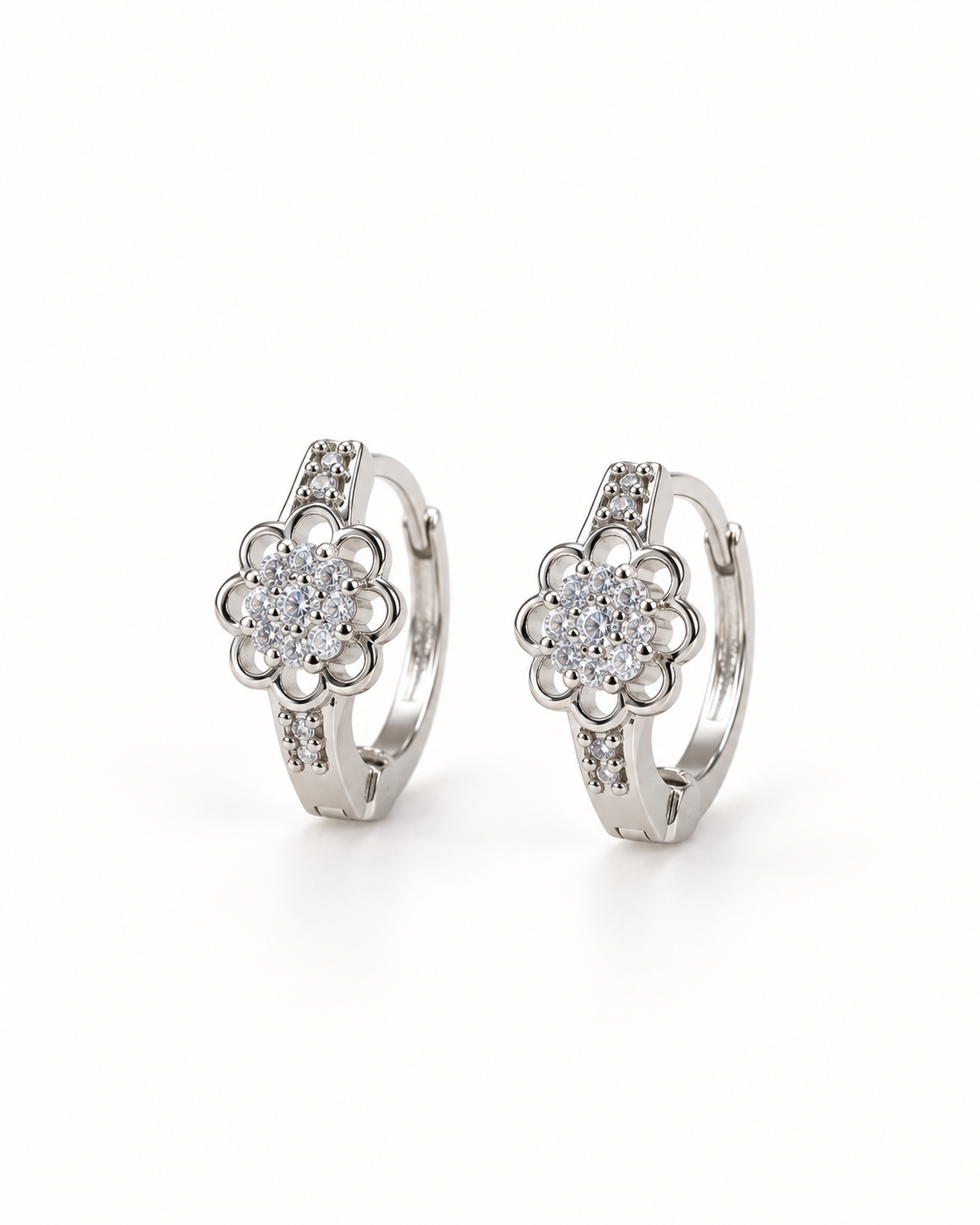Silver Tone Floral Hoops Earrings