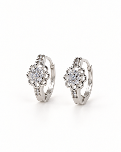 Silver Tone Floral Hoops Earrings
