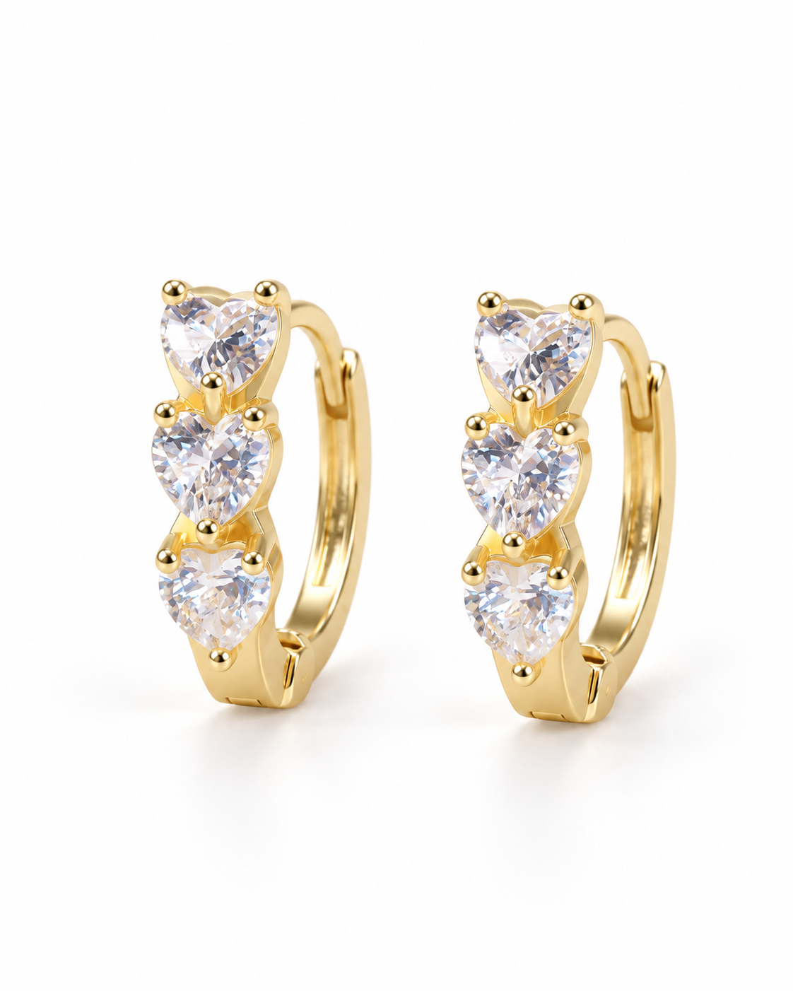 Gold Triple Heart CZ Huggie Earrings — white background