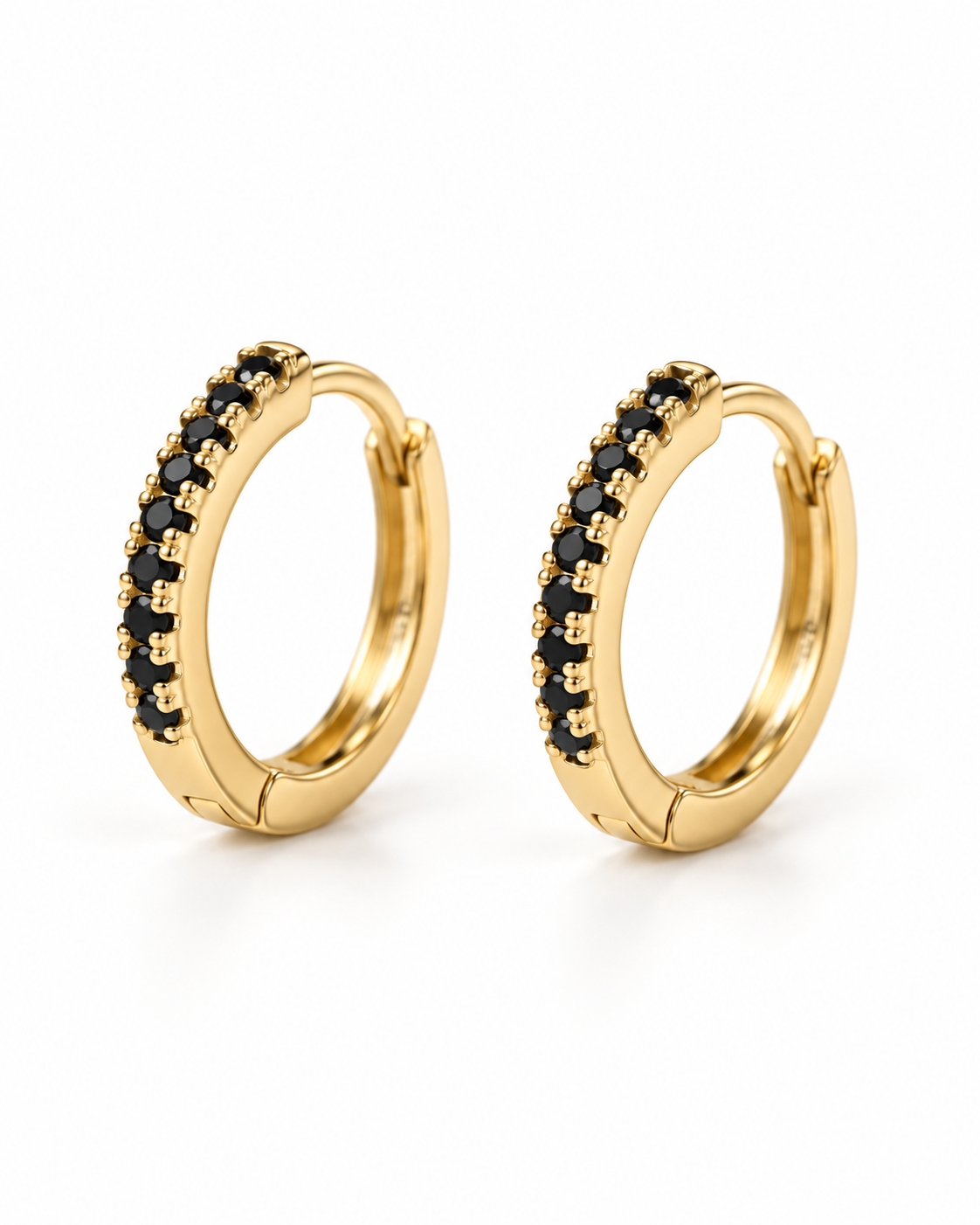 Gold Black CZ Hoop Earrings — white background