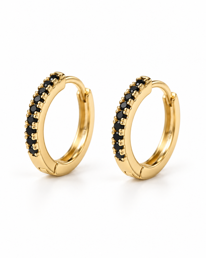 Gold Black CZ Hoop Earrings — white background