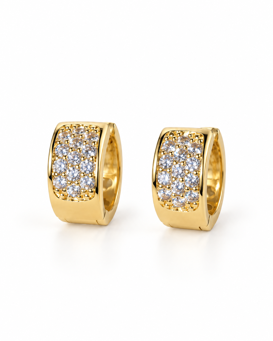 Gold Wide Pave Huggie Earrings — white background