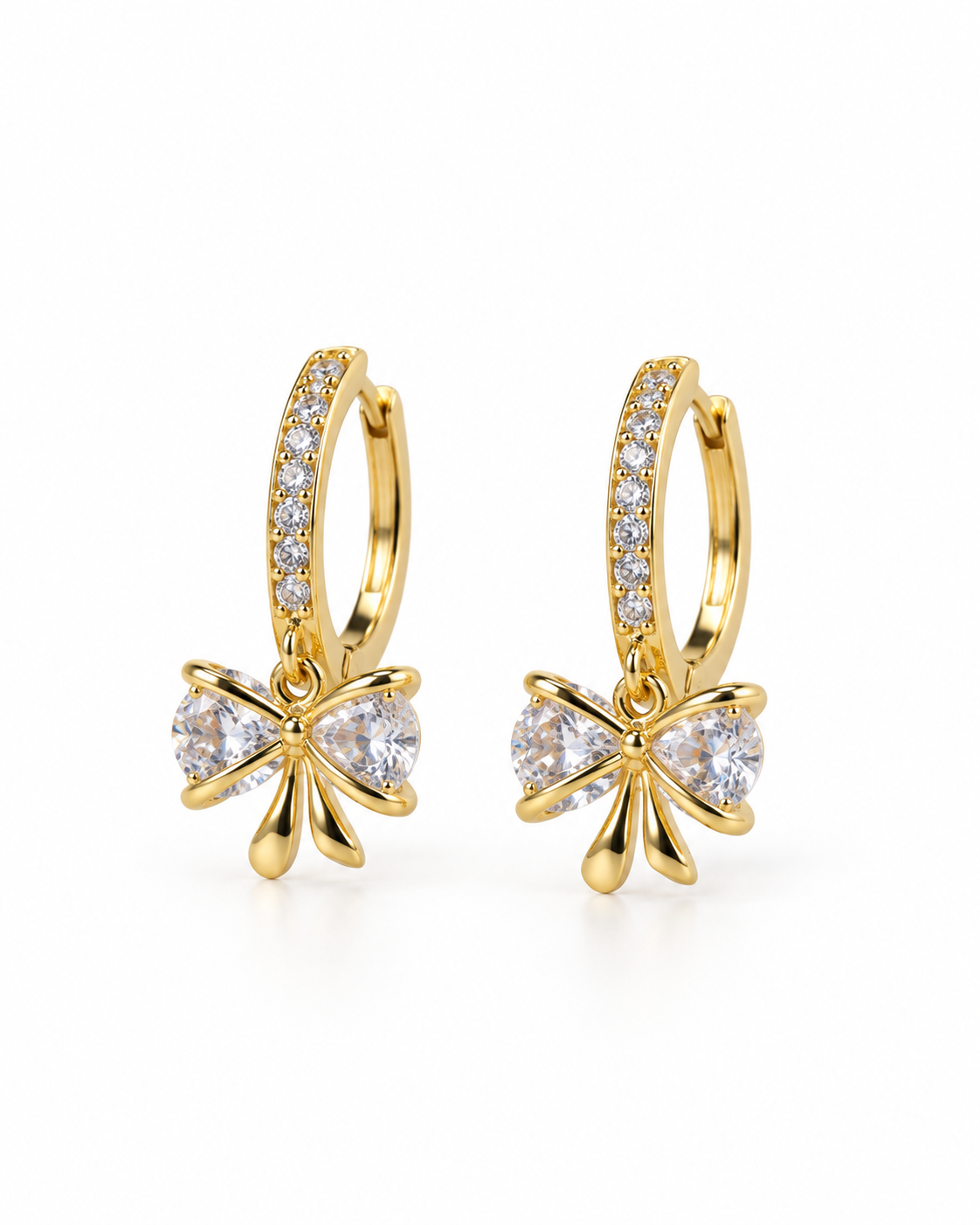 Gold Bow Dangle Hoop Earrings — white background