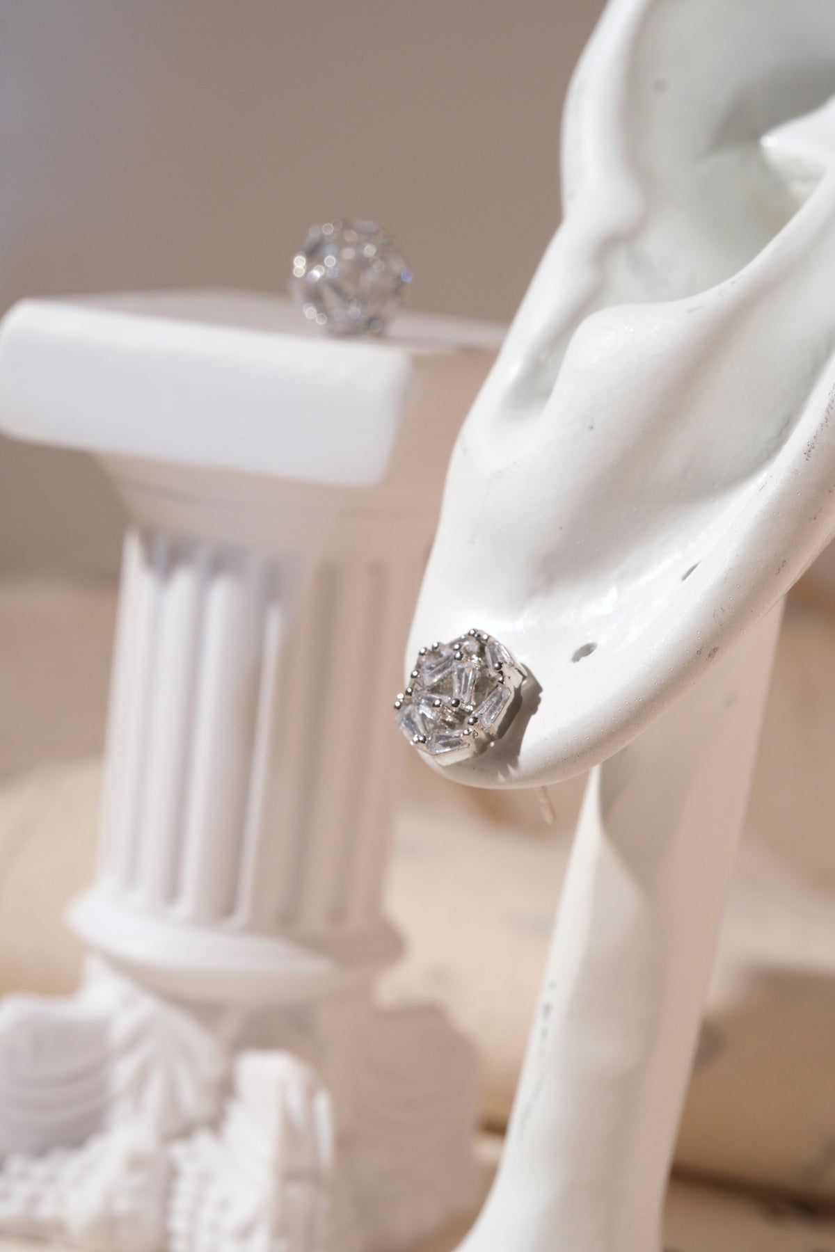 Silver Baguette Rosette Stud Earrings — edited real product photo