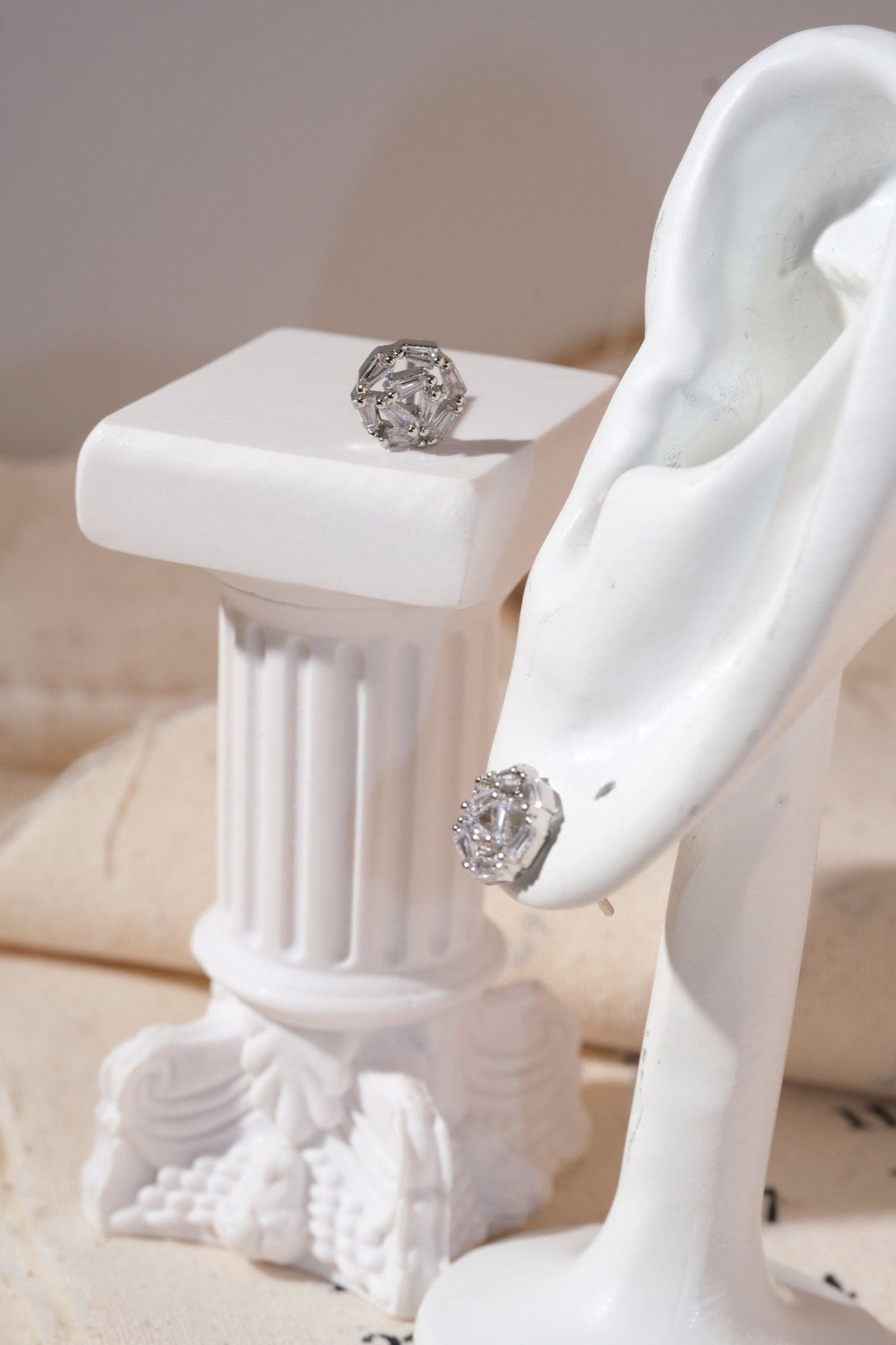 Silver Baguette Rosette Stud Earrings — edited real product photo
