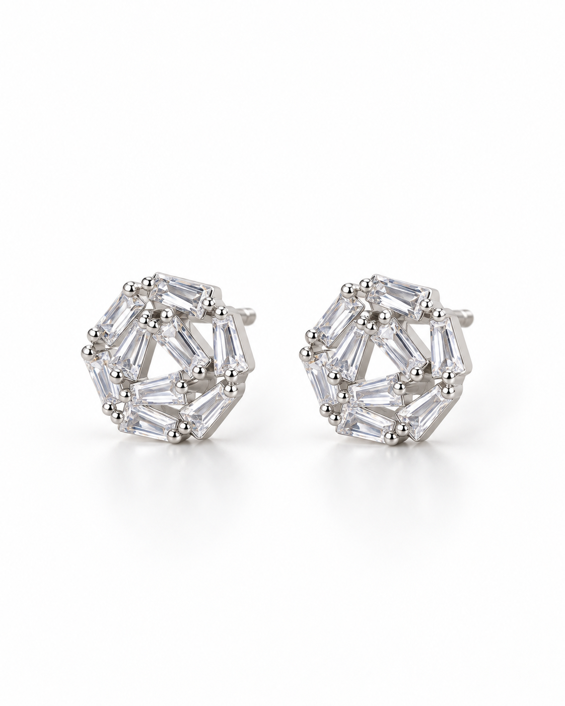 Silver Baguette Rosette Stud Earrings — white background