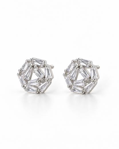 Silver Baguette Rosette Stud Earrings — white background