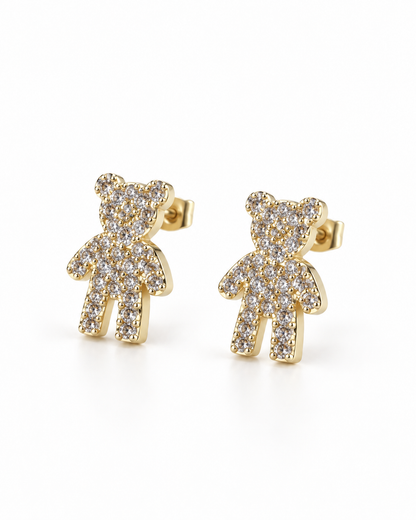 Gold Pave Teddy Bear Stud Earrings — white background