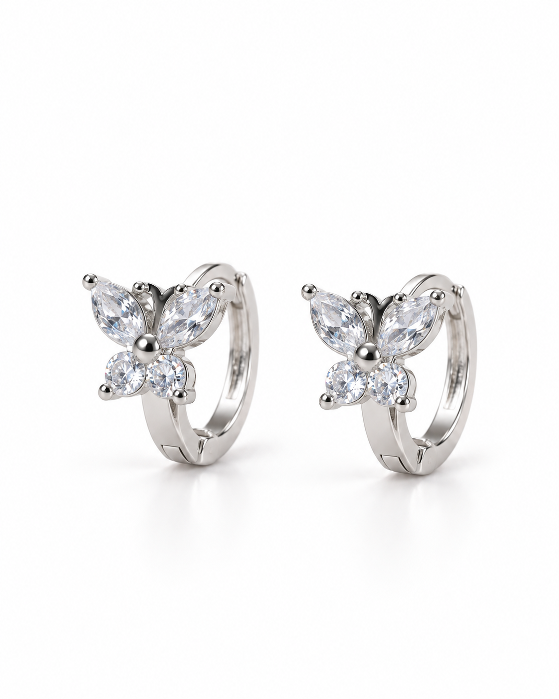 Silver Butterfly CZ Huggie Earrings — white background