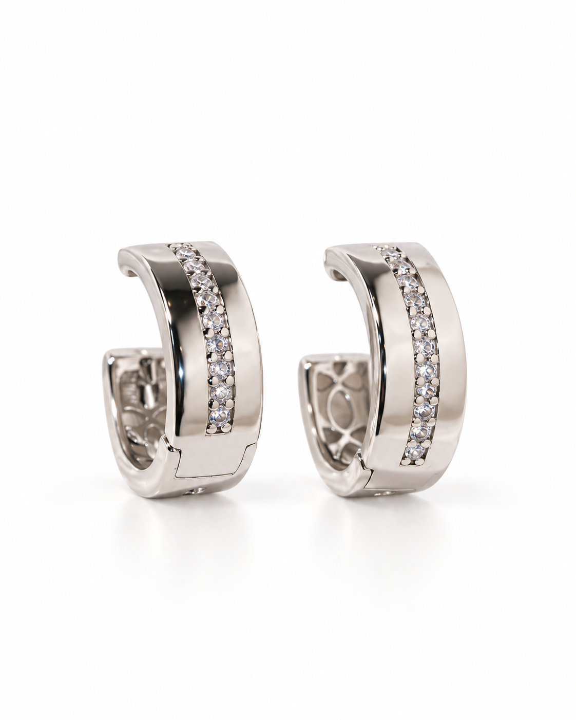 Silver Center-Line CZ Huggie Earrings — white background