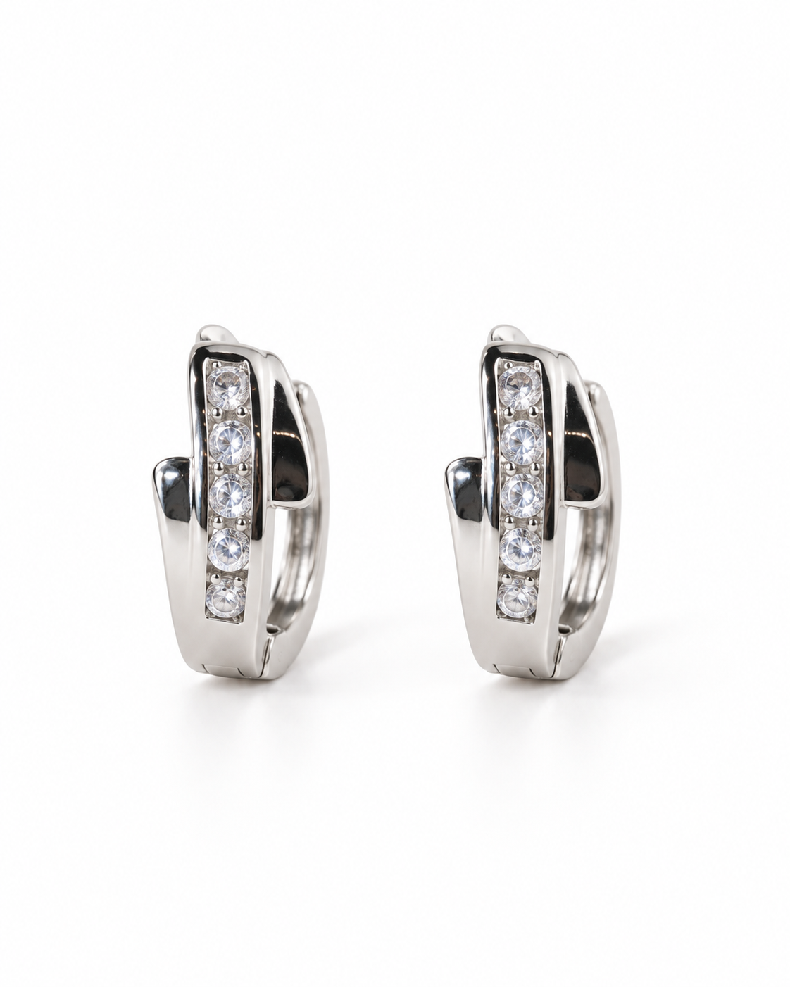 Silver Crossover CZ Huggie Earrings — white background