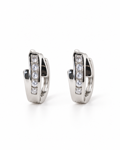 Silver Crossover CZ Huggie Earrings — white background