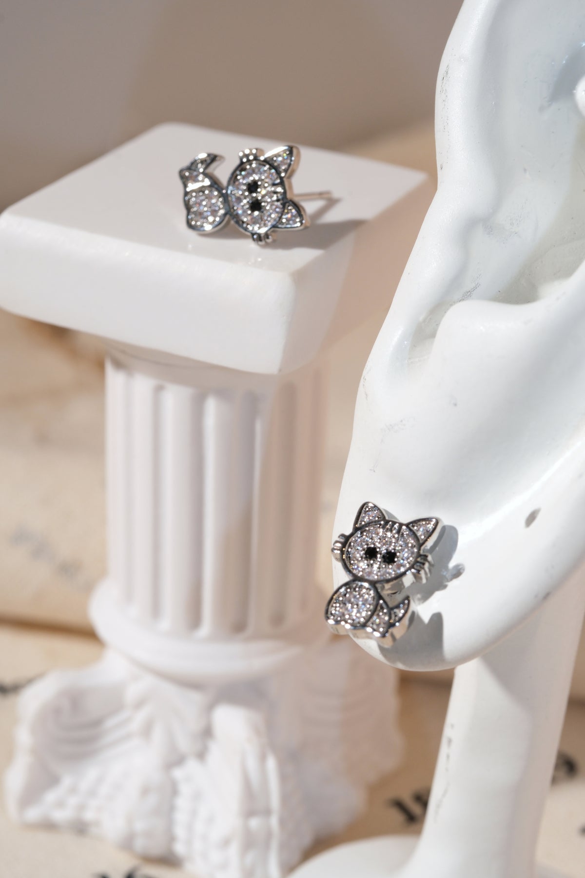 Silver Pave Cat Stud Earrings — edited real product photo