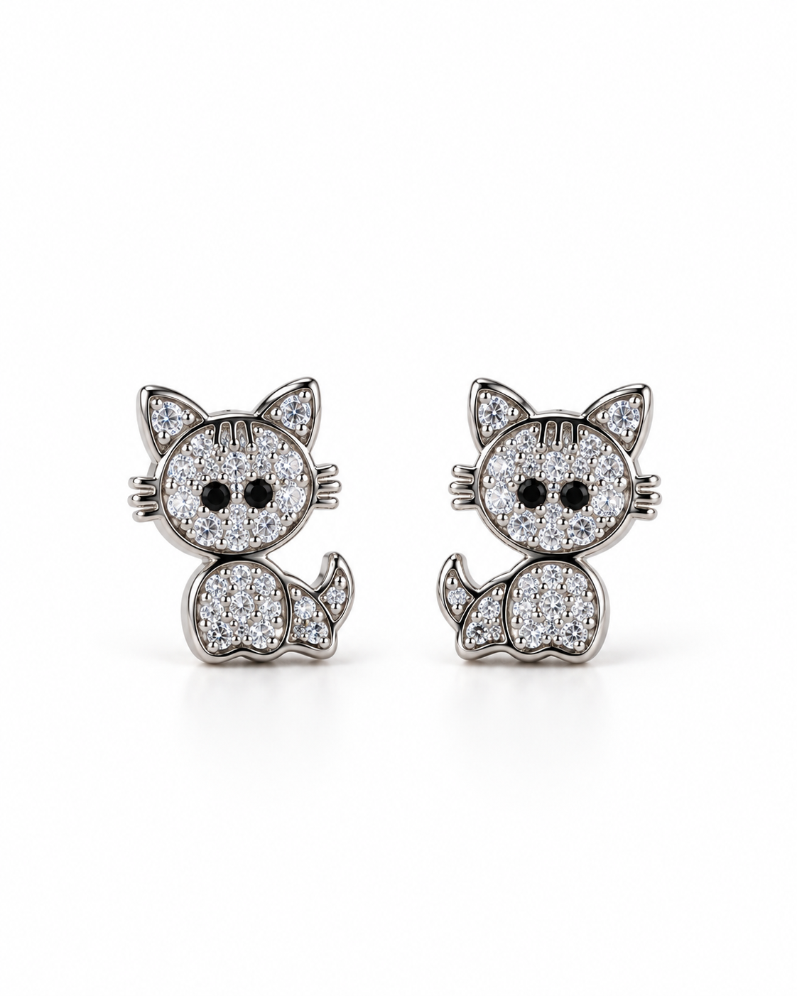 Silver Pave Cat Stud Earrings — white background