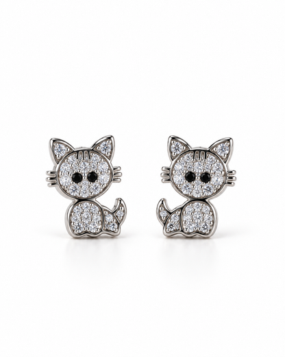 Silver Pave Cat Stud Earrings — white background