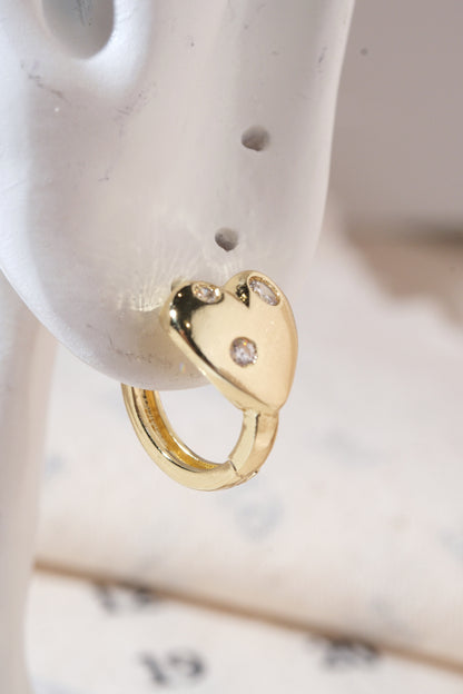 Gold Scattered CZ Heart Huggie Earrings — edited real product photo
