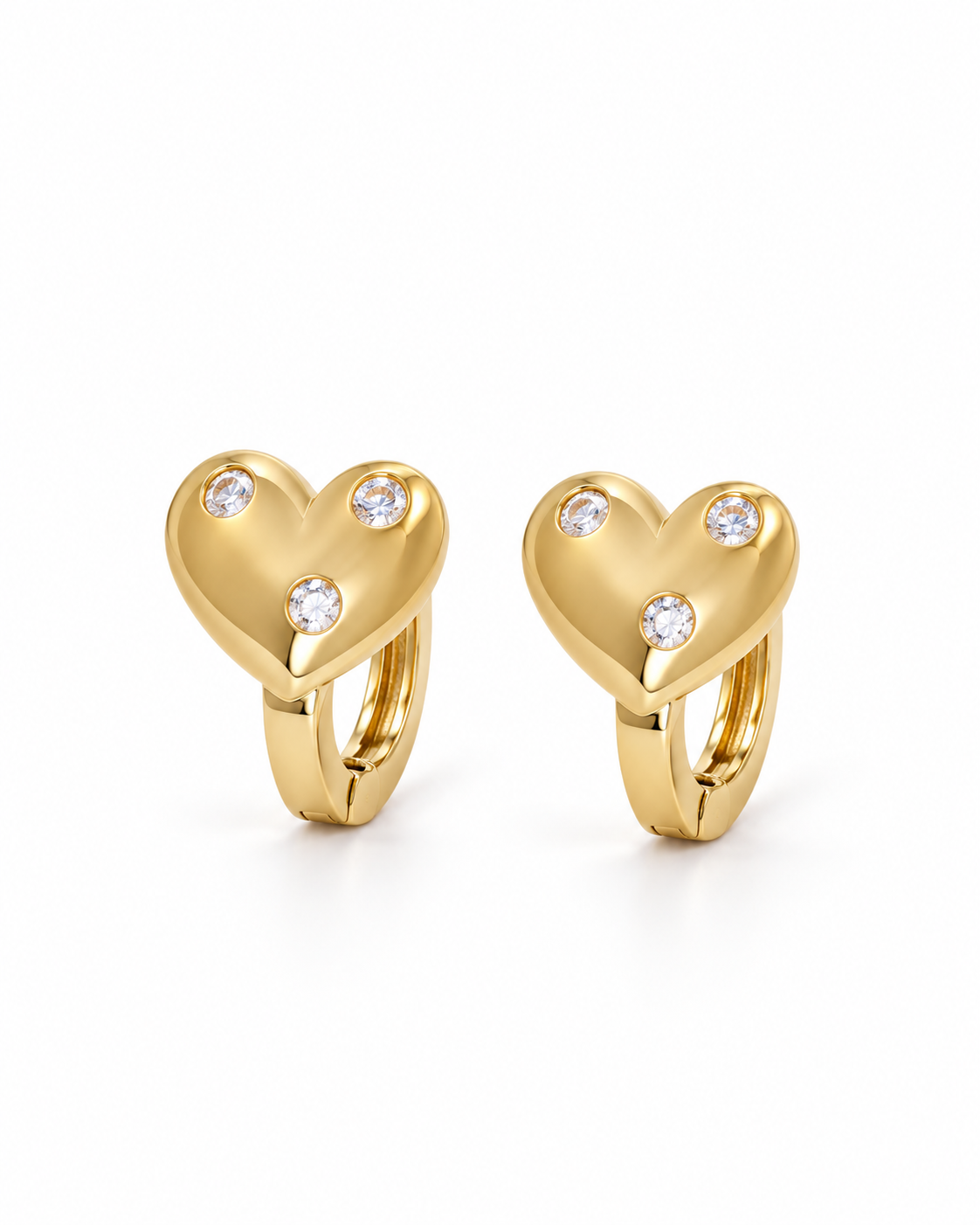 Gold Scattered CZ Heart Huggie Earrings — white background