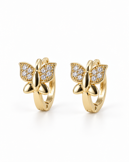Gold Pave Butterfly Huggie Earrings — white background