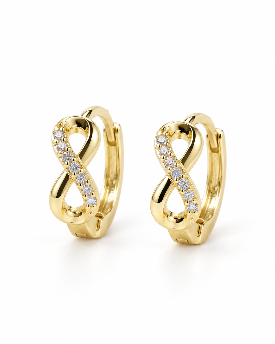 Gold Infinity CZ Huggie Earrings — white background