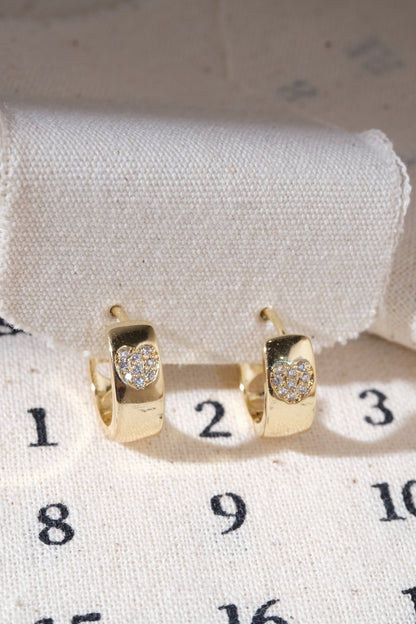 Gold Pave Heart Inlay Huggie Earrings — edited real product photo