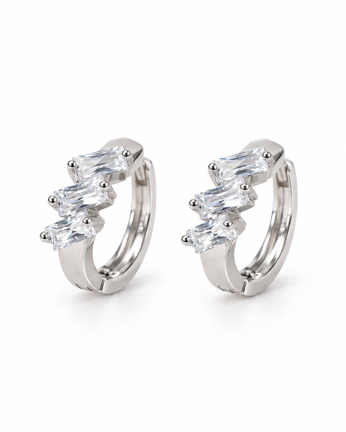 Silver Triple Baguette CZ Huggie Earrings — white background