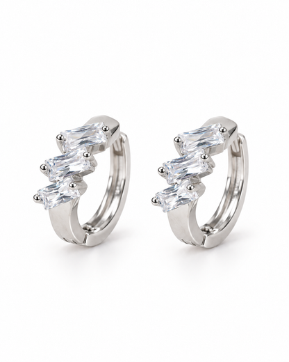 Silver Triple Baguette CZ Huggie Earrings — white background