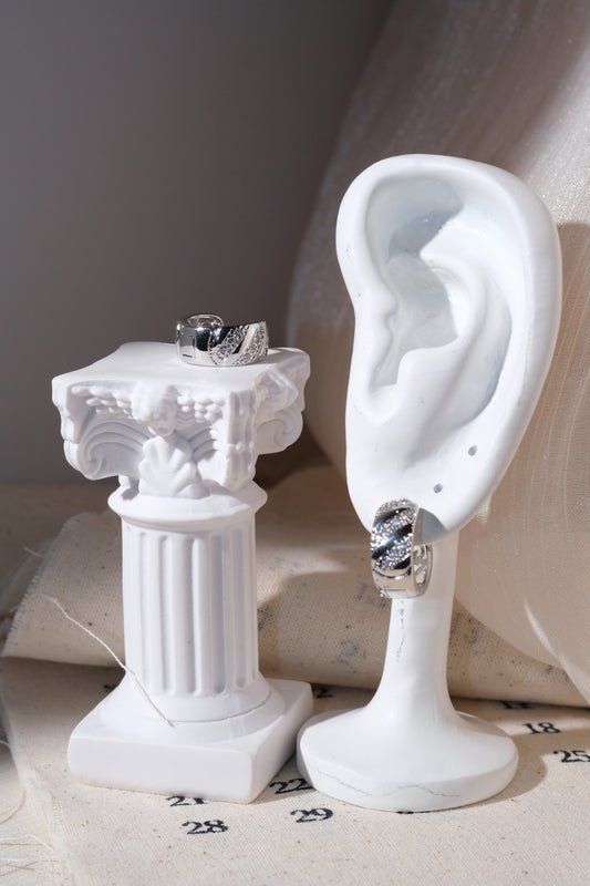 Silver Diagonal Pave Huggie Earrings — edited real product photo