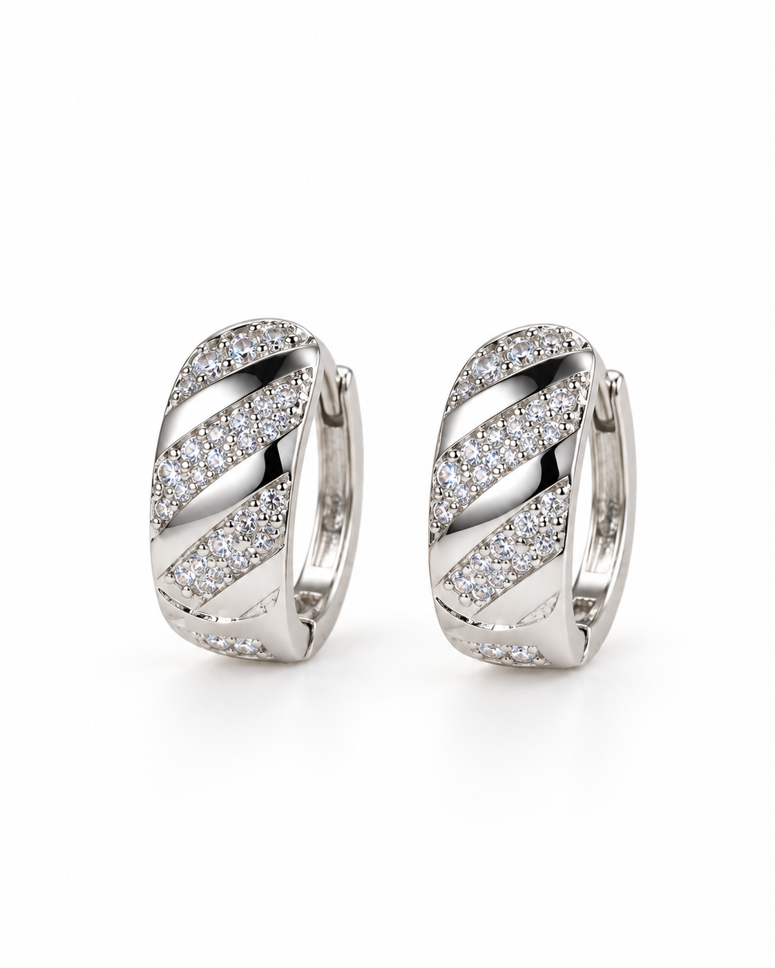 Silver Diagonal Pave Huggie Earrings — white background
