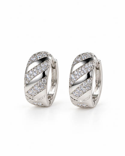 Silver Diagonal Pave Huggie Earrings — white background